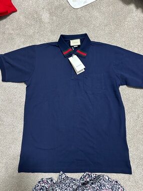 Gucci Navy Polo with Green-Red Web Collar